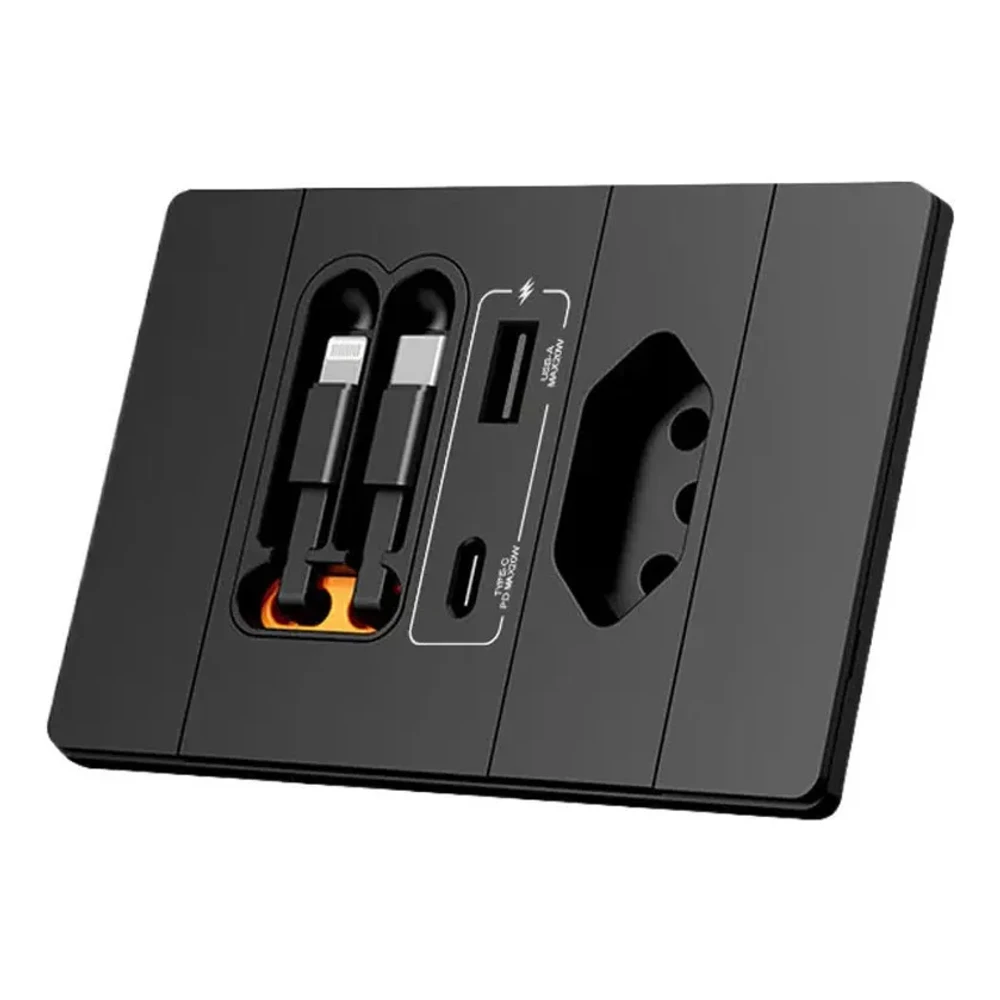 Tomada Inteligente Plugmax — tomada, USB, USB-C e 2 cabos retráteis